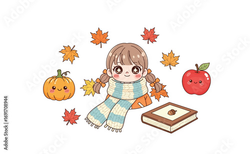 Kawaii illustration of a cute girl in a cozy scarf celebrating the fall season with a smiling pumpkin, apple, and book among autumn leaves