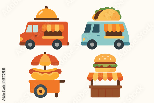 Set of four colorful food trucks and carts serving delicious street food.