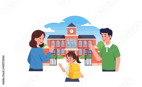 Happy family waving goodbye to their daughter going to school for the first time