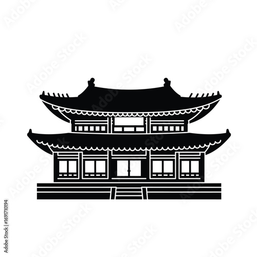 Traditional East Asian temple silhouette with curved roof and steps. EPS 10.