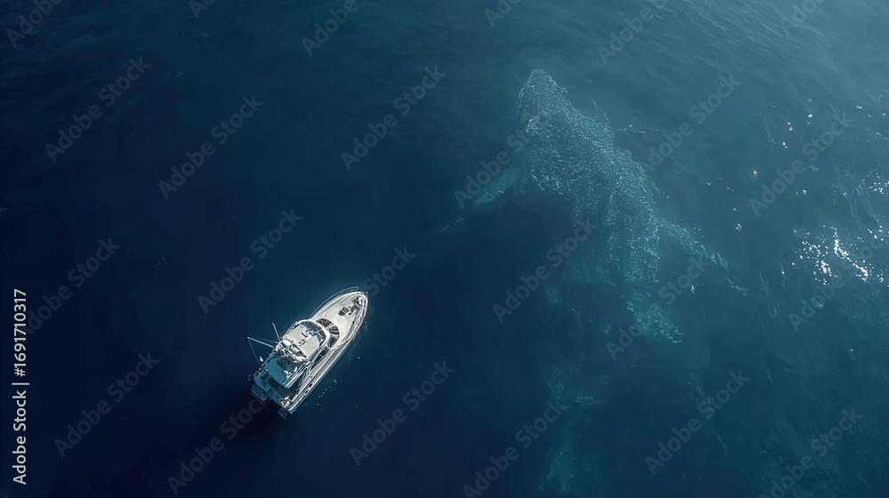 Naklejka premium Marine documentary, deep sea on the surface of the sea there is a small white yacht fishing boat, yacht side view, seawater bottomless, deep deep blue,