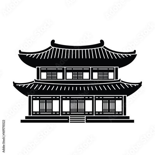 Traditional East Asian temple silhouette with curved roof and steps. EPS 10.