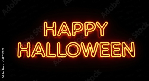 Bright glowing neon sign displaying the words “Happy Halloween” on a dark background
