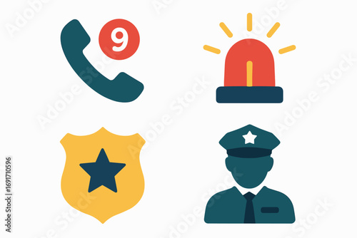 Emergency services icons representing police, siren, and call for help.