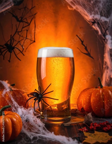 Halloween Beer Still Life with Spiders and Pumpkins