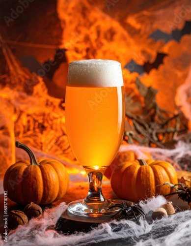 Festive Halloween Beer with Pumpkins and Spider Decoration