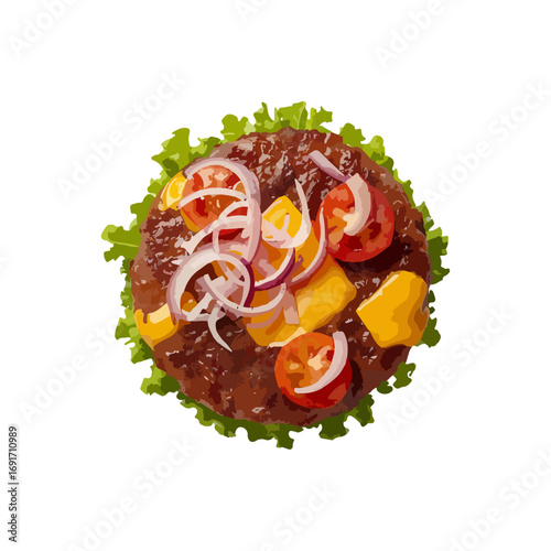 A fresh beef hamburger with melted cheese, lettuce, and tomato on a sesame bun is isolated on a white background for a perfect fast food meal