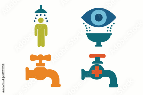 Set of colorful icons representing water related activities and safety measures.