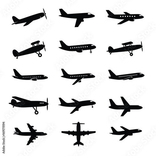 Minimalist airplane silhouettes in grid layout showing aviation diversity. EPS 10.
