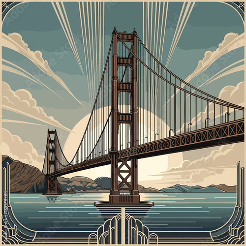 Iconic Golden Gate Bridge vista at sunset, a breathtaking art deco masterpiece symbolizing San Francisco's enduring spirit and architectural grandeur