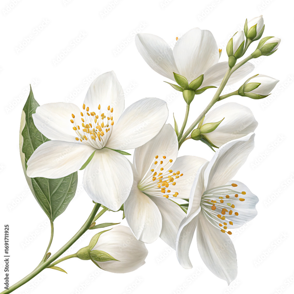 Fototapeta premium Elegant Jasmine Bloom: Exquisite image showcasing the delicate beauty of jasmine flowers in full bloom, their pristine white petals and vibrant yellow stamens standing out in exquisite detail.