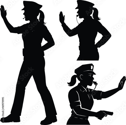 Female police officer silhouettes in action for safety and security applications silhouette