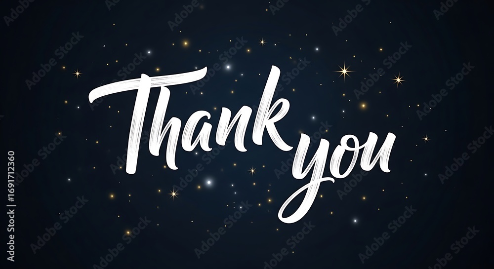 Naklejka premium Thank You in Elegant White Script with Sparkling Stars on a Midnight Blue Background a Gentle Expression of Gratitude