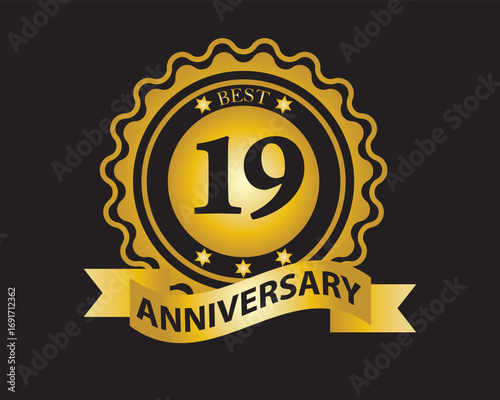 19th Anniversary Golden Badge. Best Anniversary Seal with Ribbon. Vector Illustration on Black Background