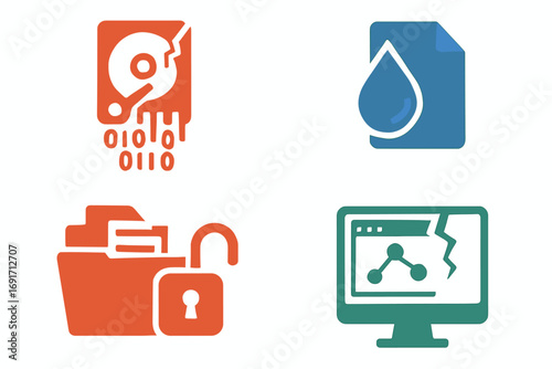 Data loss, file corruption, security breach, system failure icons.