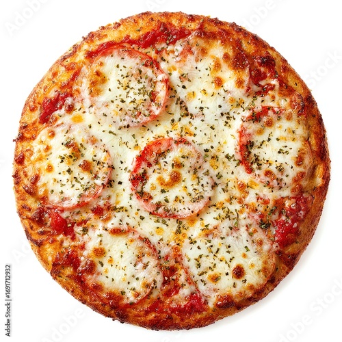 Whole Margherita pizza with tomato base, no tomato slices, melted mozzarella, a light sprinkle of oregano, golden crispy crust, top-down view