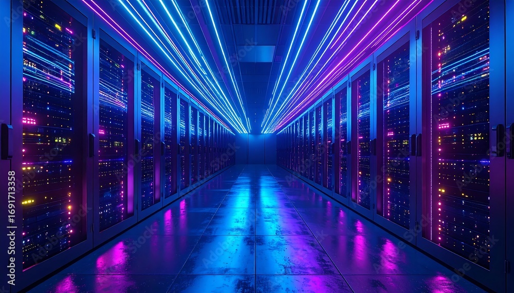 Fototapeta premium Neon-lit server room hallway