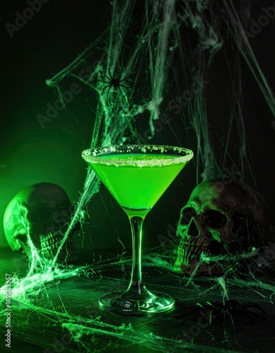 Spooky Green Halloween Cocktail with Skulls and Cobwebs