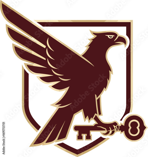 Majestic eagle with outstretched wings clutches a vintage key, symbolizing power, security, and access within a distinguished shield emblem for corporate branding