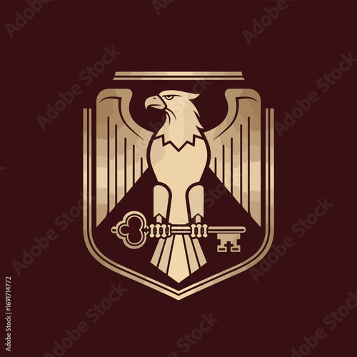 Majestic golden eagle emblem holding antique key signifies authority, security, and access, perfect for prestigious brands and organizations seeking a powerful, timeless identity.