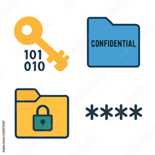 Digital security and data protection icons including a key binary code confidential folder and locked folder with password asterisks.