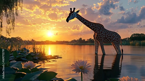 A giraffe stands in a tranquil lake at sunset, surrounded by lush vegetation and a vibrant sky.