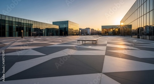 Modern Architecture at Sunset Geometric Plaza and Glass Buildings.