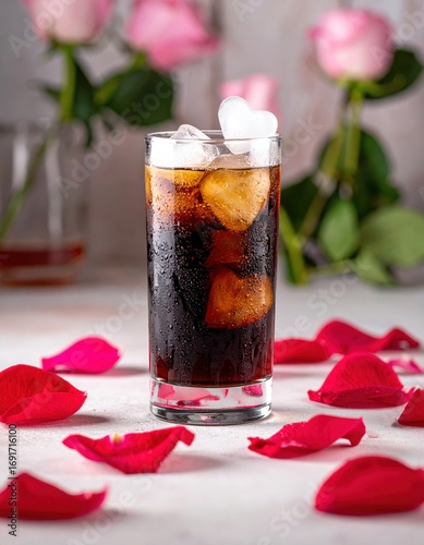 Romantic drink with cola and heart-shaped ice