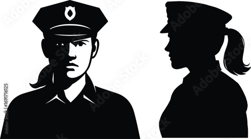 Female police officers silhouette front and profile view for official use silhouette