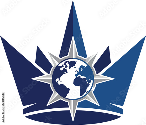 Global leader crown emblem with compass and earth graphic symbolizing international business success and exploration