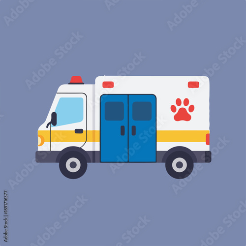 An illustration shows a side view of a pet ambulance featuring a red paw print with a white body and blue doors on a lavender background.