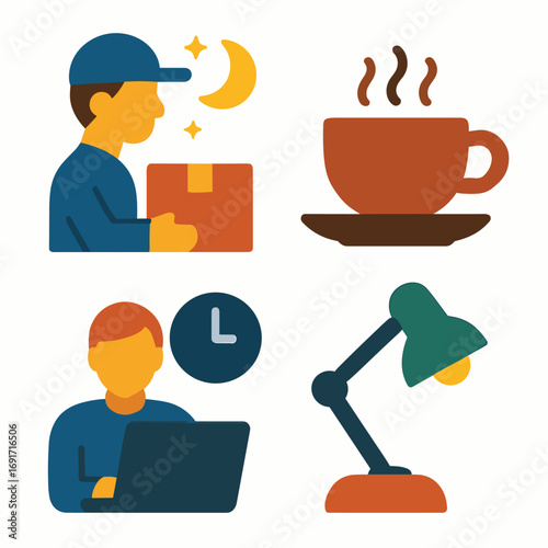 Delivery person working late with package and moon.