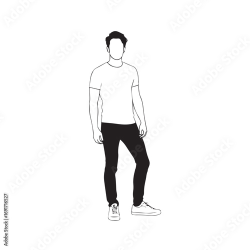 Handsome Man Black and White Illustration Vector Image Male Portrait Fashion Sketch Line Art Design	
