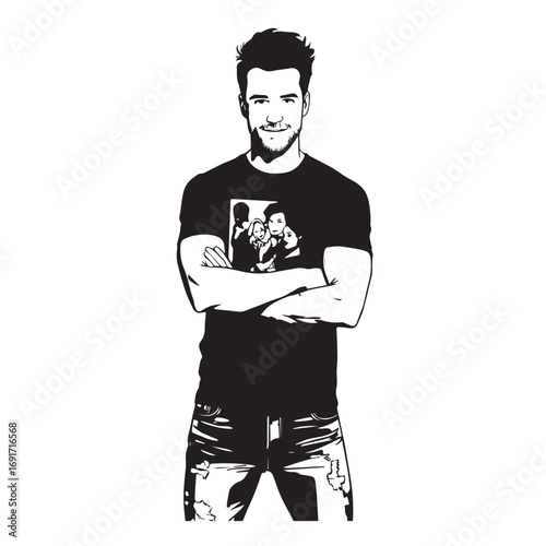 Handsome Man Black and White Illustration Vector Image Male Portrait Fashion Sketch Line Art Design	