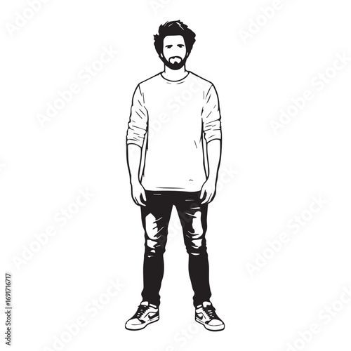 Handsome Man Black and White Illustration Vector Image Male Portrait Fashion Sketch Line Art Design	