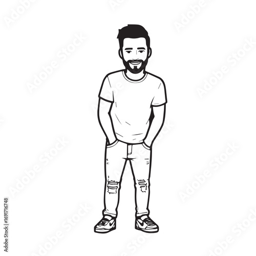 Handsome Man Black and White Illustration Vector Image Male Portrait Fashion Sketch Line Art Design	