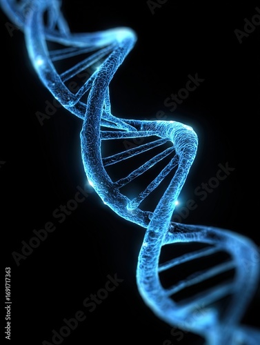 a high quality photograph of a electric blue shining 3d dna on a black background