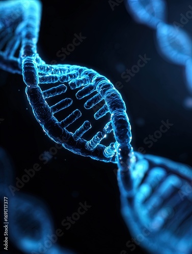 a high quality photograph of a electric blue shining 3d dna on a black background