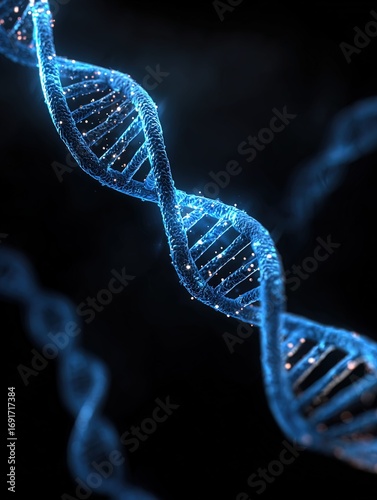 a high quality photograph of a electric blue shining 3d dna on a black background