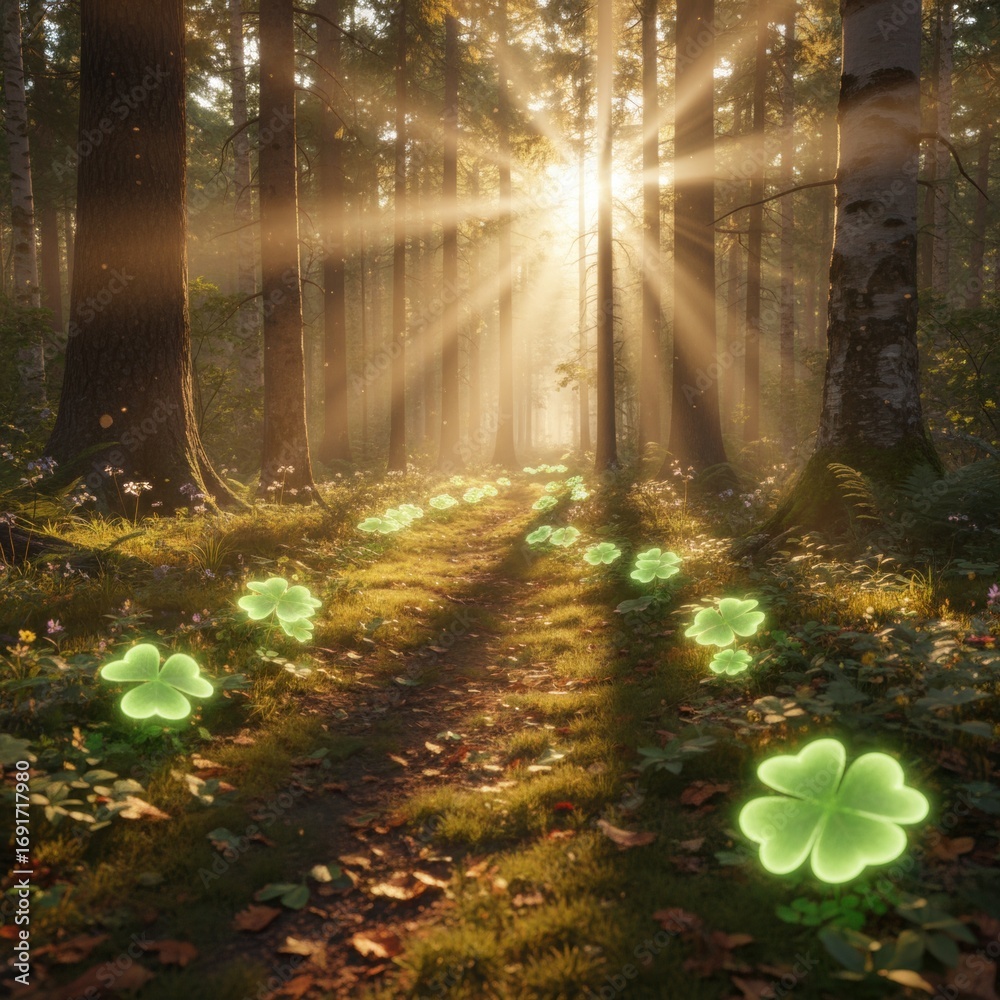 Fototapeta premium A serene forest path illuminated by sunlight, featuring glowing clovers amidst lush greenery, creating a mystical atmosphere.