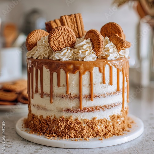 A tall homemade Biscoff drip cake on a kitchen counter, layered with fluffy cake and Biscoff buttercream, topped with cookie butter drip