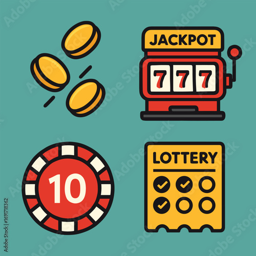Colorful flat design icons for gambling and casino games.
