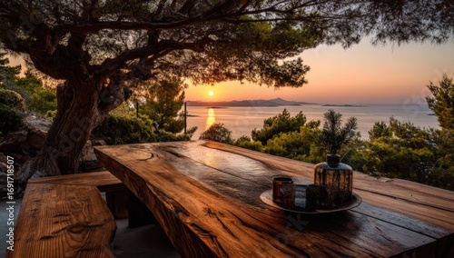 Wallpaper Mural Outdoor wooden table at sunset overlooking a tranquil sea Torontodigital.ca