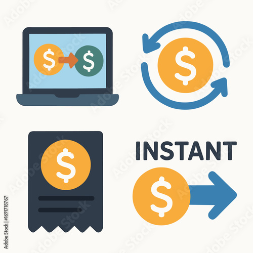 Financial transactions and instant money transfer concept with dollar signs.