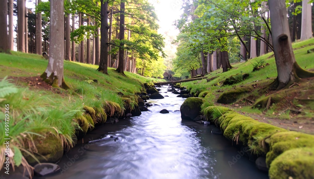 Fototapeta premium Gentle stream flowing through a lush forest