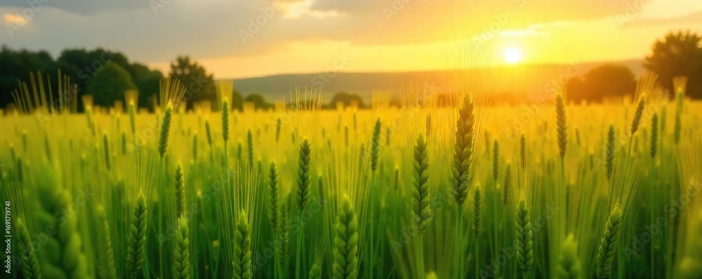 Naklejka premium Golden hour sunlight bathes a lush green field of ripening wheat, swaying gently in the warm summer breeze Ready for harvest, the landscape is idyllic and peaceful , field, agriculture, botany