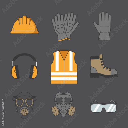 A vector graphic showing essential personal protective gear, including hard hats, safety gloves, and vests, crucial for ensuring worker protection.