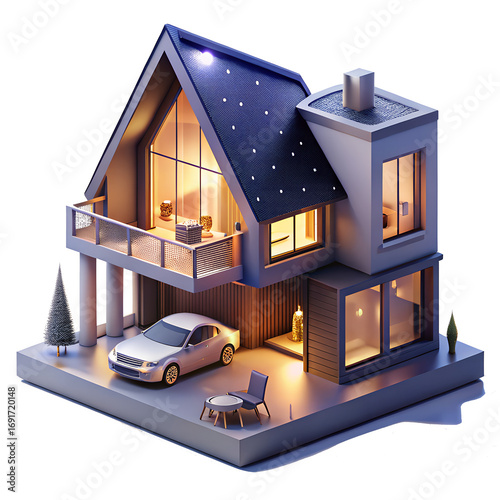 Modern architectural dream house with car and inviting ambiance detailed miniature transparent background 3D