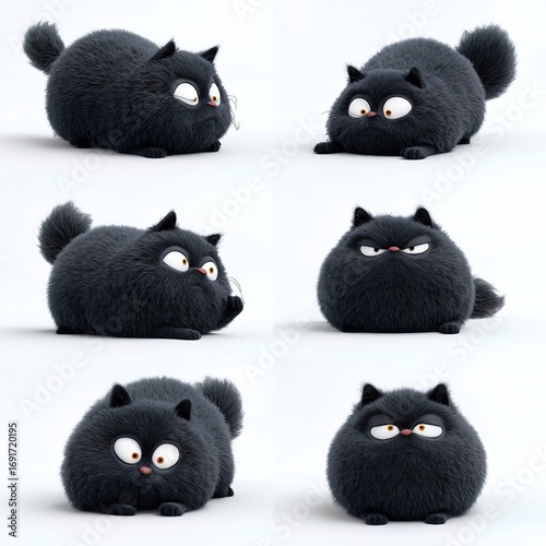 Chubby, cute, fluffy, bored-looking black cat, lying and rolling on the floor, funny facial expressions, exaggerated movements, 3D characters