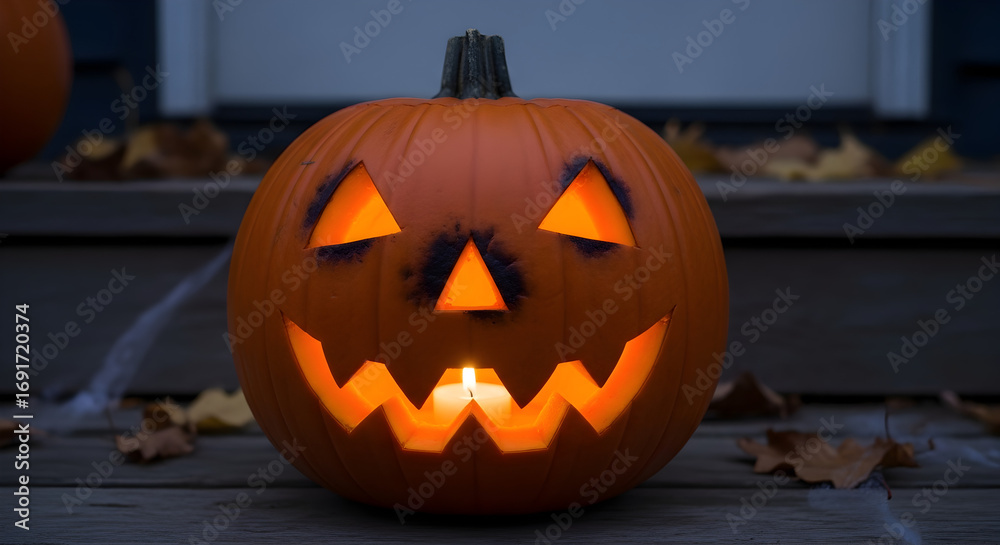 Obraz premium Classic Halloween Pumpkin Carved with a Spooky Face and Glowing Candle
